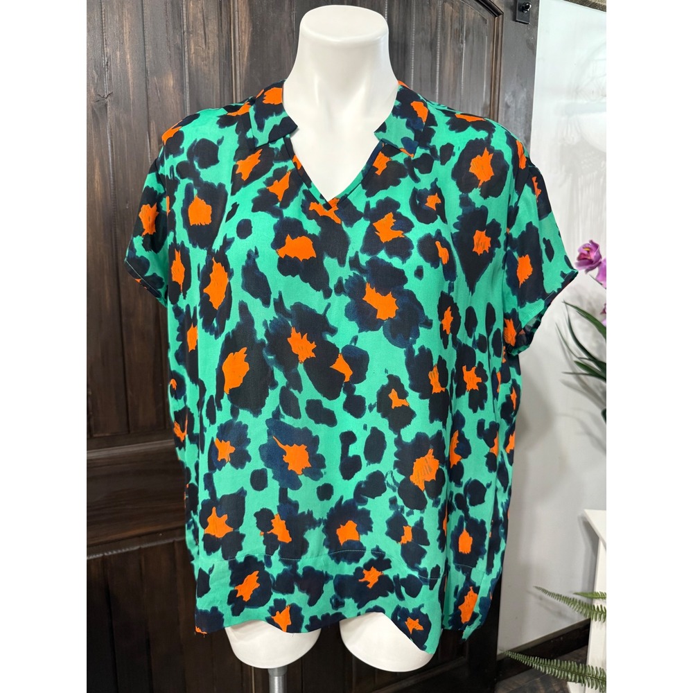 Cabi Womens XS‎ Green Orange Navy Leopard Print V-Neck Short Sleeve Blouse Top